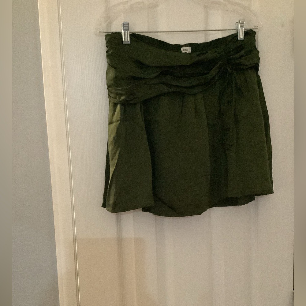 Aerie Real Olive Green Smocked Ruched Mini Skirt Drawstring Viscose Womens Large